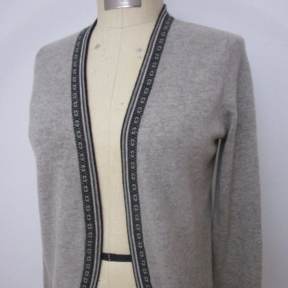 Gray CASHMERE Open Cardigan Sweater Knit Intarsia Banding